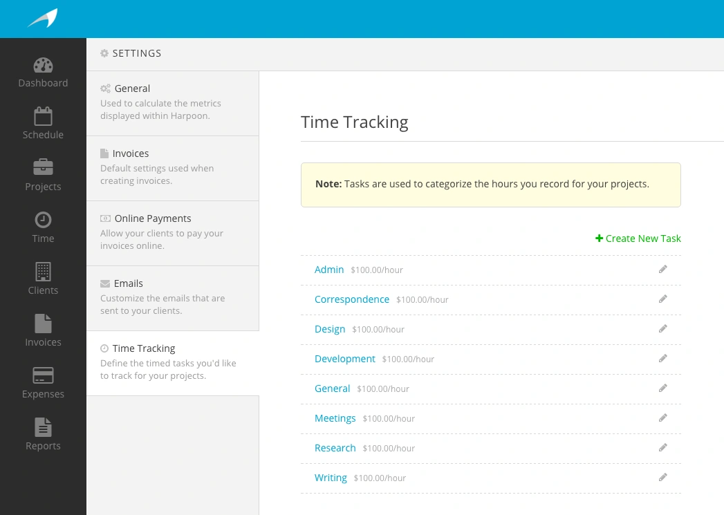 Harpoon Time Tracking Settings