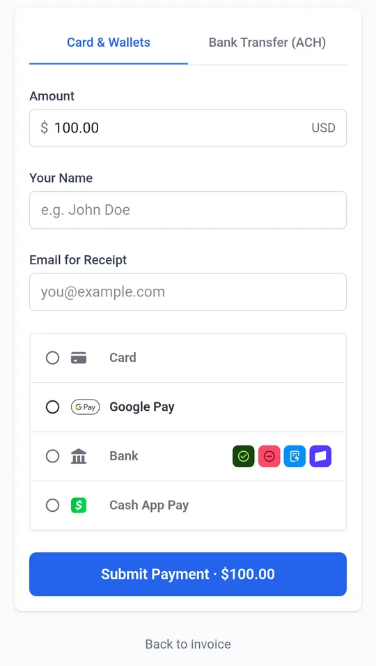 Harpoon's payment page on a phone, offering Card, Google Pay, Bank and Cash App Pay