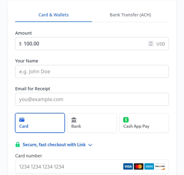 Harpoon's payment page with the Card & Wallets tab, offering Card, Bank, Cash App Pay and Link