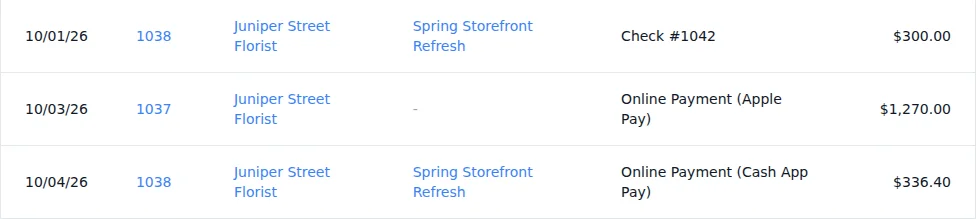 The Payments report listing Online Payment (Apple Pay) and Online Payment (Cash App Pay)